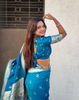 Rama Blue Chandrakor Paithani Silk Banarasi Zari Woven Saree