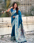 Rama Blue Chandrakor Paithani Silk Banarasi Zari Woven Saree