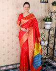 Red Soft Silk Banarasi Multicolor Pallu Zari Woven Saree
