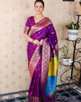 Purple Soft Silk Banarasi Multicolor Pallu Zari Woven Saree