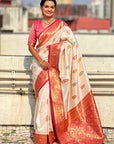 Cream Soft Silk Saree with Flower Butta Meenakari Zari Woven Saree