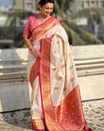 Cream Soft Silk Saree with Flower Butta Meenakari Zari Woven Saree