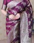 Wine Soft Silk Banarasi Jaal Meenakari Zari Woven Saree