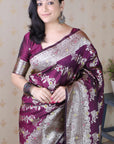 Wine Soft Silk Banarasi Jaal Meenakari Zari Woven Saree