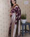 Wine Soft Silk Banarasi Jaal Meenakari Zari Woven Saree