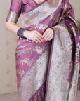 Coral Pink Soft Silk Banarasi Jaal Meenakari Zari Woven Saree