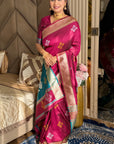 Dark Pink Soft Silk Ikkat Zari Woven Saree