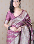 Coral Pink Soft Silk Banarasi Jaal Meenakari Zari Woven Saree