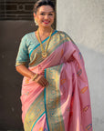 Baby Pink Soft Silk Saree with Flower Butta Meenakari Zari Woven Saree