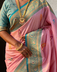 Baby Pink Soft Silk Saree with Flower Butta Meenakari Zari Woven Saree