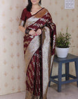 Maroon Soft Silk Banarasi Jaal Meenakari Zari Woven Saree
