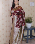 Maroon Soft Silk Banarasi Jaal Meenakari Zari Woven Saree