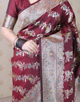 Maroon Soft Silk Banarasi Jaal Meenakari Zari Woven Saree