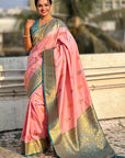 Baby Pink Soft Silk Saree with Flower Butta Meenakari Zari Woven Saree