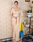 Cream Soft Silk Banarasi Multicolor Pallu Zari Woven Saree