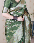 Mehendi Green Soft Silk Banarasi Jaal Meenakari Zari Woven Saree