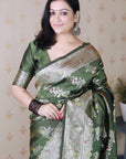 Mehendi Green Soft Silk Banarasi Jaal Meenakari Zari Woven Saree