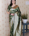 Mehendi Green Soft Silk Banarasi Jaal Meenakari Zari Woven Saree
