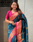 Denim Blue Soft Silk Saree with Flower Butta Meenakari Zari Woven Saree