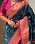 Denim Blue Soft Silk Saree with Flower Butta Meenakari Zari Woven Saree