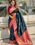 Denim Blue Soft Silk Saree with Flower Butta Meenakari Zari Woven Saree