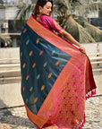 Denim Blue Soft Silk Saree with Flower Butta Meenakari Zari Woven Saree
