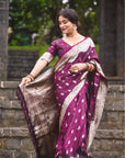 Kajal in our Wine Banarasi Soft Silk Silver Zari Woven Saree