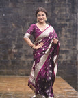 Kajal in our Wine Banarasi Soft Silk Silver Zari Woven Saree