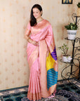 Baby Pink Soft Silk Banarasi Multicolor Pallu Zari Woven Saree