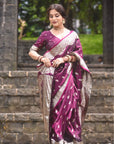 Kajal in our Wine Banarasi Soft Silk Silver Zari Woven Saree