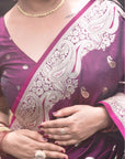 Kajal in our Wine Banarasi Soft Silk Silver Zari Woven Saree
