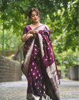 Kajal in our Wine Banarasi Soft Silk Silver Zari Woven Saree