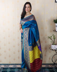 Blue Soft Silk Banarasi Multicolor Pallu Zari Woven Saree