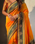 Orange Soft Silk Traditional Zari Contrast Woven Saree