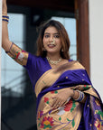 Sakshi in our Violet Paithani Silk Saree with Half Half Concept Big Border Zari Woven Saree