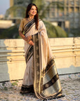 Cream Soft Silk Traditional Zari Contrast Woven Saree