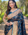 Deep Blue Banarasi Jaal Katan Silk Zari Woven Saree