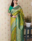 Mehendi Green Soft Silk Banarasi ZigZag Meenakari Zari Woven Saree