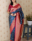 Denim Blue Soft Silk Banarasi ZigZag Meenakari Zari Woven Saree