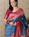 Denim Blue Soft Silk Banarasi ZigZag Meenakari Zari Woven Saree
