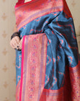 Denim Blue Soft Silk Banarasi ZigZag Meenakari Zari Woven Saree