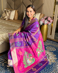 Violet Soft Silk Ikkat Patola Saree with Meenakari Motifs Peacock Pallu and Gold Zari Border