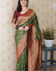 Green with Maroon Soft Silk Banarasi ZigZag Meenakari Zari Woven Saree