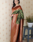 Green with Maroon Soft Silk Banarasi ZigZag Meenakari Zari Woven Saree