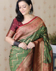Green with Maroon Soft Silk Banarasi ZigZag Meenakari Zari Woven Saree