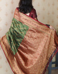 Green with Maroon Soft Silk Banarasi ZigZag Meenakari Zari Woven Saree