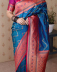 Blue Soft Silk Banarasi ZigZag Meenakari Zari Woven Saree