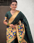 Bottle Green Paithani Silk Saree with Half Half Concept Big Border Zari Woven Saree