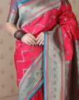 Pink Soft Silk Banarasi ZigZag Meenakari Zari Woven Saree
