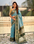Baby Blue Soft Silk Traditional Zari Contrast Woven Saree